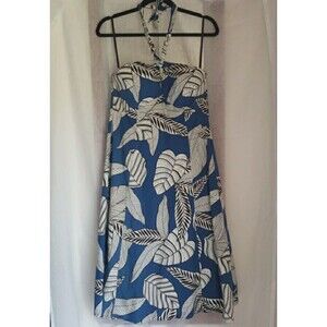 Cato Women's Size 14 Dress Halter Bead Strap Blue White Hawaiian Cruise